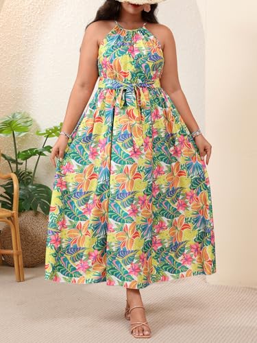 Image of Floerns Women's Plus Size Boho Sleeveless Halter Neck Tie Back A Line Long Dress