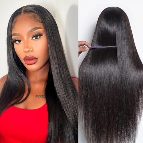 XCHJH Synthetic Lace Front Wig 13x4 HD Lace Black Wigs Pre Plucked Straight Wigs for Women Long Glueless Wigs with Baby Hair Heat Resistant Lace Wig for Daily Use 26inch Beginner Friendly (2#)