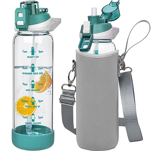Seekua 800ml Glass Water Bottle with Straw & Time Markings BPA free Motivational Glass Drinking Bottle Leakproof