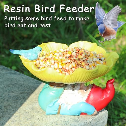 MUMTOP Bird Baths for Outdoors, Outdoor Garden Birdbath Bowl Resin Sunflower Bird Baths and Feeder with Funny Gnome for Outside Yard Table Decor - Thumbnail 2