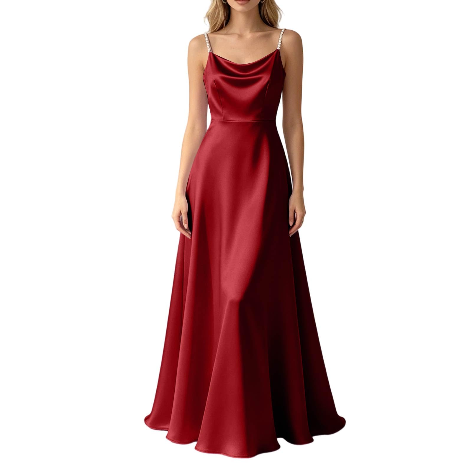 Trägerkleid Damen Abendkleid Satin Perlenbesatz Wasserfallausschnitt