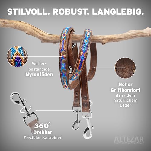 ALTEZAR Hundeleine Leder Breit Tribal Handgemacht in Mexiko für große Hunde Blau