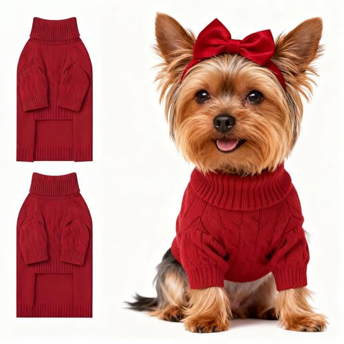 Image of Small Dog Thermal Pullover Sweater, Classic Turtleneck Cable Knitwear Dog Clothes for Cold Weather Warm Pet Clothes for Chihuahua, Bulldog, Dachshund, Pug Red Small