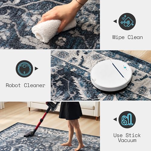 Image of AMERLIFE 5'x8' Wilton Collection Area Rug, Durable Low Pile Non-Slip Washable Rug for High Traffic Areas, Distressed Vine Pattern Vintage Rug for Living Room, Bedroom, Dining Room, Blue /White