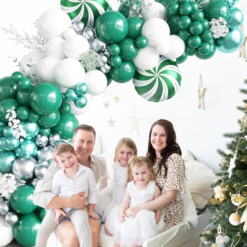 Green Christmas Balloon Garland Arch Kit, 134PCS Retro Green White and Silver Balloons with Pinwheel Foil Balloons for Christmas Baby Shower New Year Winter Holiday Birthday Party Decorations - Image 6