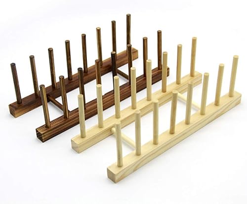 Miniatura 4 de Estante de madera para platos con 7 ranuras para almacenamiento de cocina, organizador para mantener los platos secos (marrón, paquete de 2)