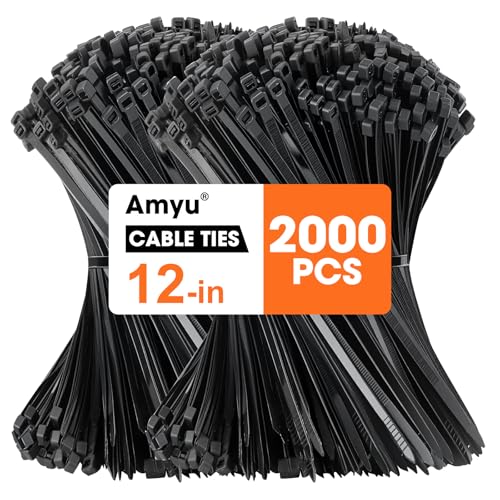 Amyu 2000 Pack Cable Ties Black, 300 x 3.6 mm Zip Ties, 40lbs Tie Straps Self Locking Nylon Tie Wraps UV-Ristant, 12 inch Long Plastics Ties for Garden, Home, Office, Workshop, Indoor and Outdoor