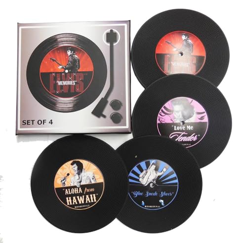 Elvis Presley Vinyl Record Coasters Set of 4 – Non-Slip Licensed Collectible with Gift Box – Featuring Memories, Blue Suede Shoes, Aloha from Hawaii, and Love Me Tender by Midsouth Products