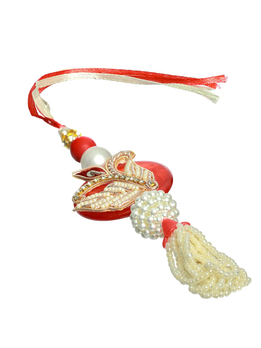 Priyaasi Rakshabandhan Red Beaded Fancy Lamba and Rakhi Set with Roli Chawal, Greeting Card for Bhaiya-Bhabhi, Bhai, Brother, Men - Traditional Stylish Rakhi (Set of 2) - Image 3 thumbnail