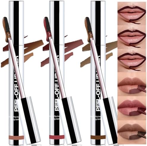 Peel Off Lip Liner Stain 3 Colors, Lip Stain Peel Off Long Lasting Brown Lip Liner Set Matte Lip Tint Stain Tattoo Transfer Proof Highly Pigmented Color Precise Lip Pencil Contour for Women