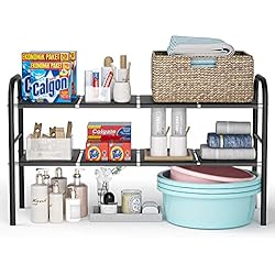 Estante Extensible Bajo Fregadero Rayen NETEL Estante bajo Fregadero Extensible, Organizador Armario Fregadero Cocina, Estante de Almacenaje para Cocina/Baño, 2 Niveles con 8 Paneles Metálicos Extraíbles, Largo 52-82cm, Negro