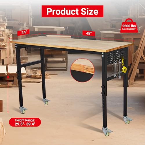 48" x 24" Workbench, MERXENG Heavy Duty Work Bench with Power Outlet, Scales, Pegboard, 6 Hooks, 2200 LBS Load Capacity, 8 Adjustment Height Work Table for Garage, Workshop, Office, Home, Wheels