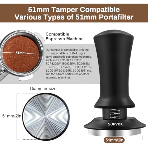 Image of Supvox 51mm Coffee Tamper Premium Coffee Accessories with Calibrated Spring Loaded, Flat Stainless Steel Base Tamper for Espresso Machine(Black)
