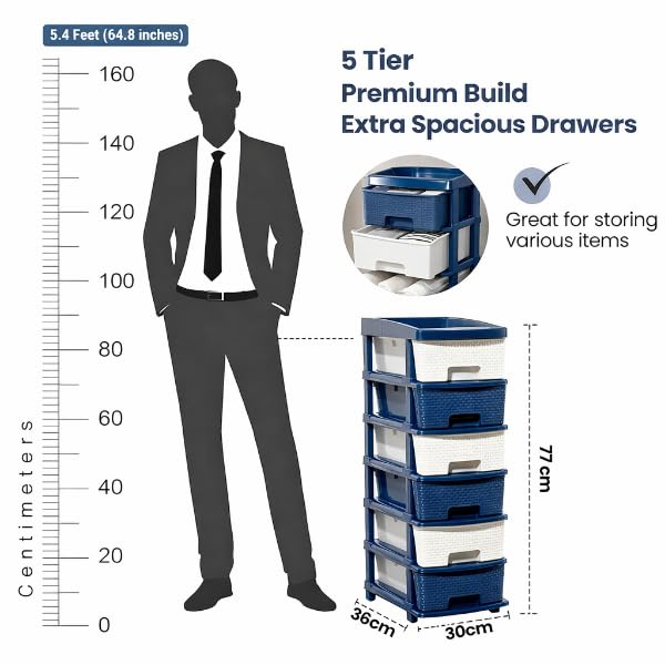 Image of Plastic Modular Drawer Storage Chest Of Drawers Organizer Storage Box, Large Stomo Racks For Multipurpose Anti-slip Shoes Organizers (White & Blue, 5 Layer)