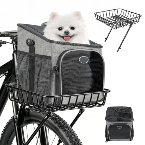 Panier de vélo pour chien avant et sac à dos respirant pour chien jusqu'à 5,5 kg, pliable, panier pour chien, panier de vélo pour chien, montage réglable...