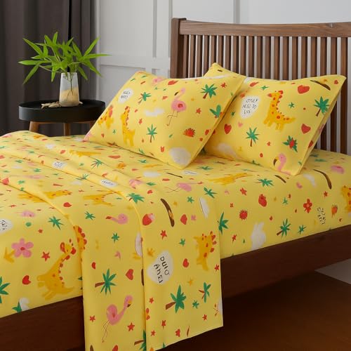 Image of Double Bedsheet - Happy Safari Print, 90 x 100 Inch Brushed Microfiber Flat Sheet with Pillow Covers - Soft, Cooling & Wrinkle Resistant