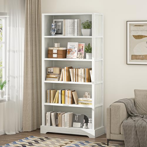 TVU 5-Tier Wooden Book Shelf, 65" Tall Bookshelf with Storage, Floor-Standing Display Bookcase, Farmhouse Style Bookshelf with Arched Base, Suitable for Living Room, Study, Office, Antique White TVU 5-Tier Wooden Book Shelf, 65" Tall Bookshelf with Storage, Floor-Standing Display Bookcase, Farmhouse Style Bookshelf with Arched Base, Suitable for Living Room, Study, Office, Antique White
