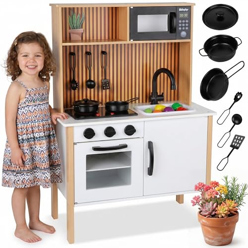 Kinderküche aus Holz mit Licht & Sound – Spielküche mit Zubehör, Herd, Backofen, Spüle, Mikrowelle – Moderne Holzküche für Kinder ab 3 Jahren, GS0070