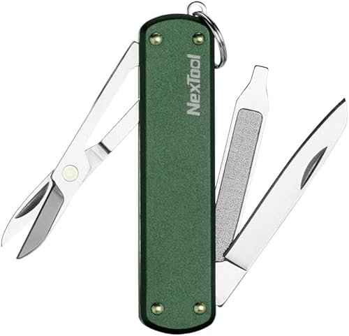 NEXTOOL - NexTool Keychain Knife Multitool, 5-in-1 mini Folding Knife, Multi-Tool Pocket Knife with Key Ring, Scissors, Screwdriver and Nail File for Camping, Hiking, Survival, Men's Gift,Gifts for Dad (Green)