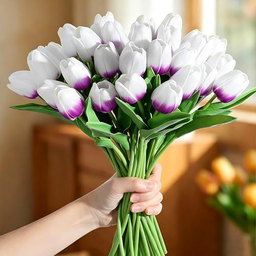 Image of 20Pcs Stems 13.5 Inch White Purple PU Artificial Moisturizing Tulips, Faux White Purple Tulips Flowers for Thanksgiving Christmas Decorations Wedding Home Table Vase Floral Arrangements