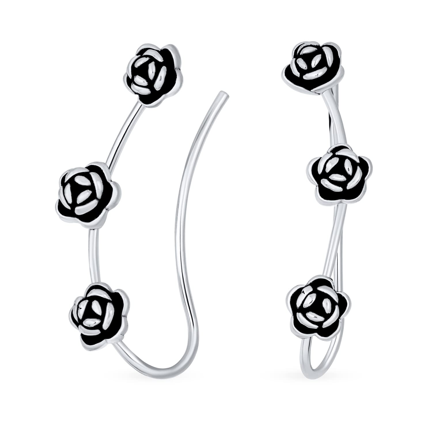 Romantische Retro 3D Blume Drei Rosen Draht Ohrstecker Kletterer Kriecher Rosenohrringe Für Frauen Oxidiertes .925 Sterlingsilber