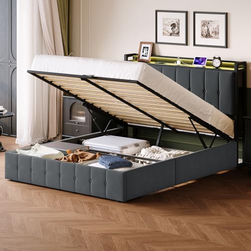 Garvee Queen Size Lift Up Storage Bed with LED Lights Upholstered Velvet Bed Frame with Storage Headboard & Charging Station Metal Platform Bed No Box Spring Needed Solid Wooden Slats Grey