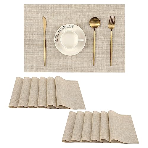 Leetaltree Woven Vinyl Beige Placemats Set of 12, Linen Look & Easy to Clean