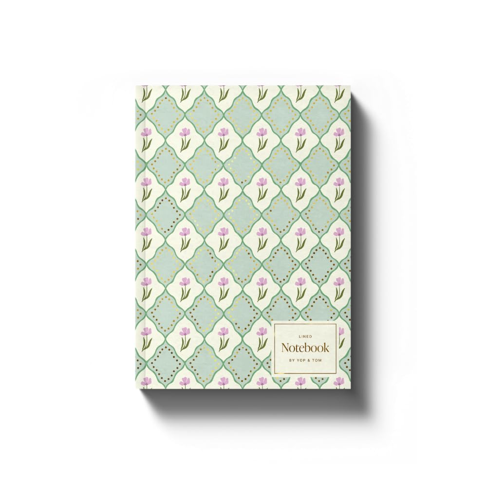 Yop & Tom Luxe Pattern Notebook - A5 lined softcover journal with intricate floral pattern and gold foil details - Green