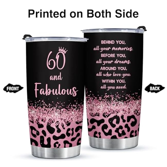 60th Birthday Gifts for Women, 60 and Fabulous Tumbler, 60th Birthday Gift ideas, 60 Year Old Birthday Gifts for Women Mom Grandma Friend Sister Wife, 20oz Coffee Travel Mug, Leopard