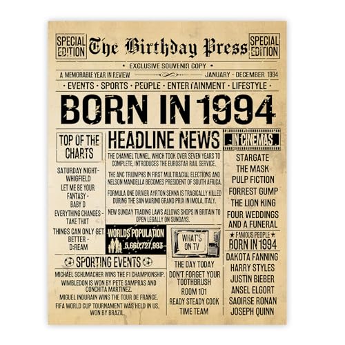 Stuff4 Póster de cumpleaños número 31 sin marco, periódico vintage nacido en 1994, regalos de feliz cumpleaños número 31 para mujeres y hombres, retro en 1994, 8 x 10 pulgadas, treinta y uno treinta y