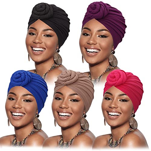 Image of DRESHOW 5 Pack Knotted Headwraps for Women African Turban Pre-Knotted Beanie Headwraps Hair Covers