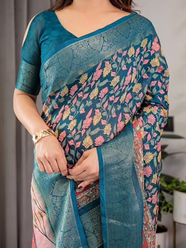 Image of ALMAARI FASHION Handloom Cotton Saree, Teal Blue with Pink-Yellow Floral Print, Silver Zari Border, 5.5 Metres