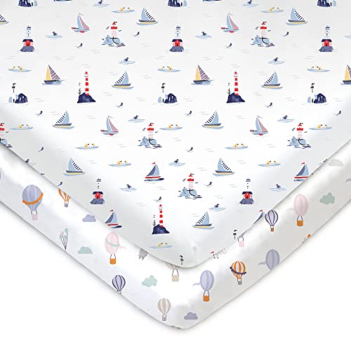 Image of TotAha Premium Stretchy Pack N Play Playard Sheets | Mini Crib Sheets (2-Pack)-Hypoallergenic, Silky Comfort, Buttery Soft, Calming Effect, All-Season Jersey-Knit Sheets 38 X 24 (Balloon & Sailboat)