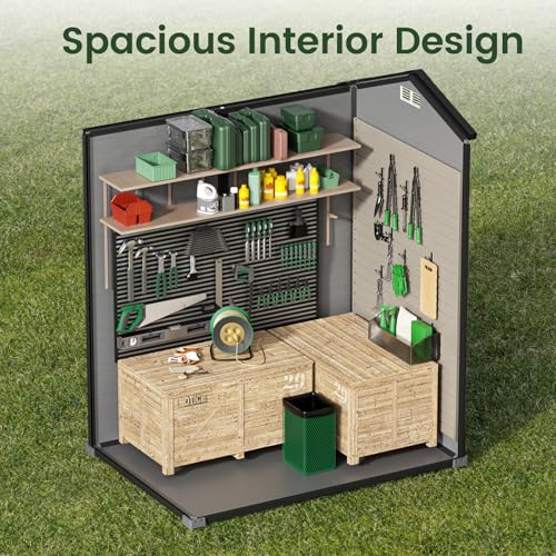 Image of GVDV 4x6FT Outdoor Resin Plastic Storage Shed with Reinforced Floor, All-Weather Plastic Shed with Lockable Door, Window, Waterproof Tool Storage for Backyard, Garden, Patio, Tool Storage