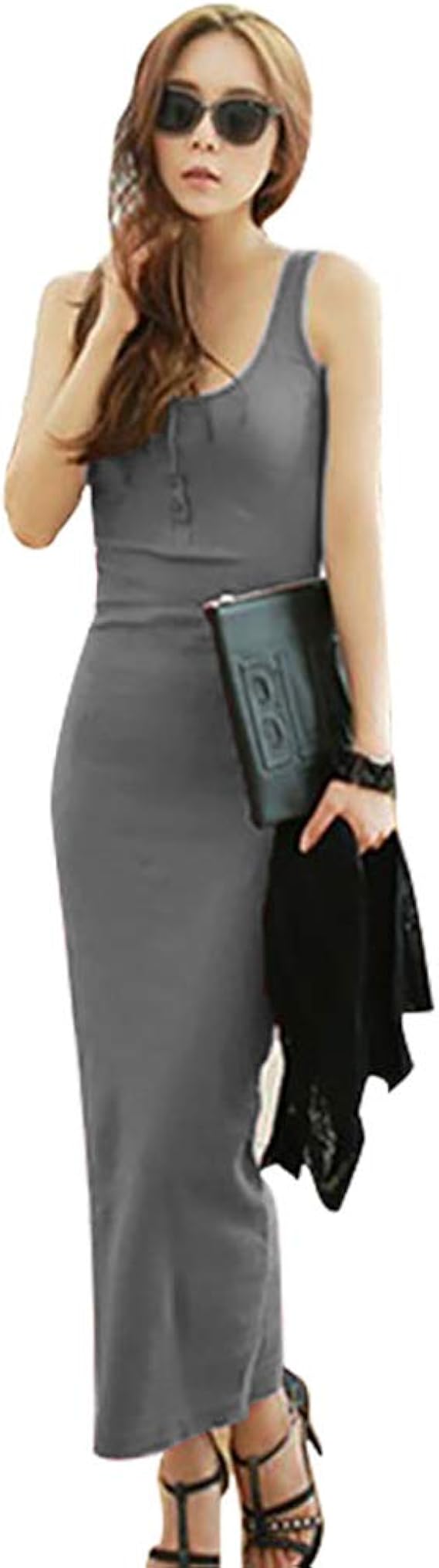 Amazon Co Jp ワンピース レディース 春 ロング タイトワンピース スリム 袖なし ニットワンピース ノースリーブ ルームウェア 胸元 開き ボタン レディース サマーワンピース 春 夏 服 ファッション小物