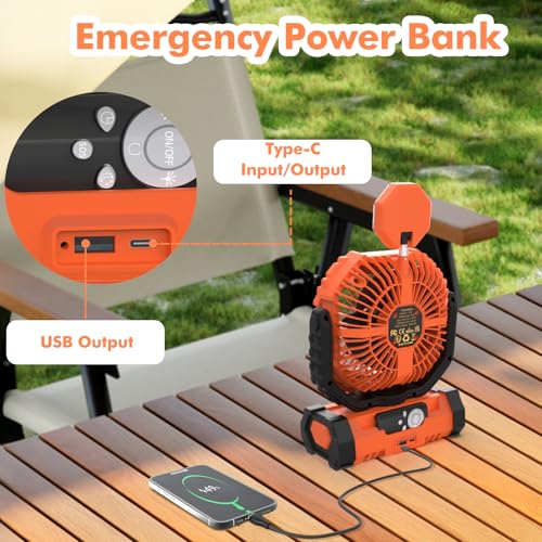 Camping Fan with Led Lantern, 20000mah Rechargeable Battery Portable Fan, 4 Speed with Remote, Auto Oscillation, 360° Rotation Hook, for Camping, Power Outage,Hurricane, Home (Orange) - image 7