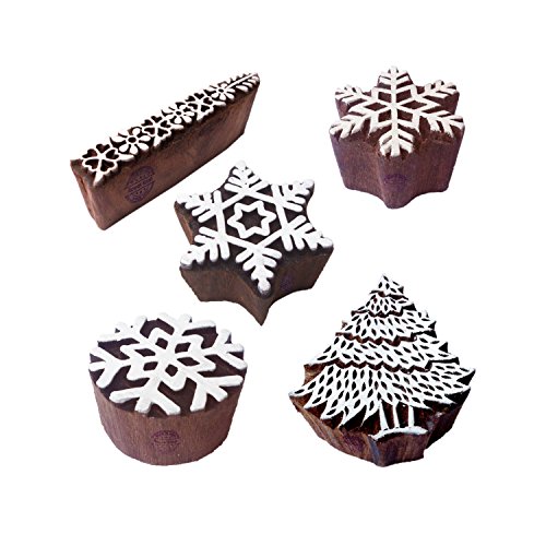 Rural Shapes Snowflake and Tree Wood Block Print Stamps (Set of 5) Htag1195