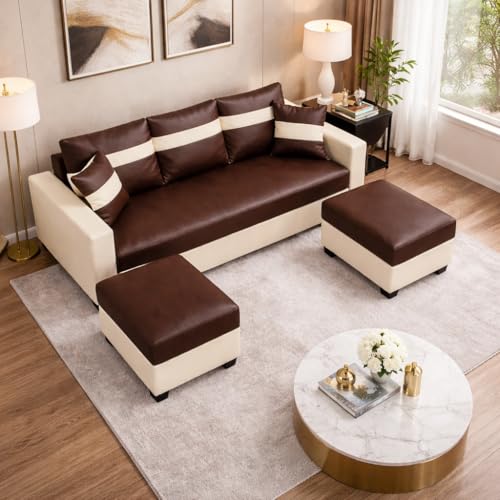 Image of SOCOZI Bastian 5 Seater L Shape Sofa Set with 2 Movable Ottomans | Flexible Layout | Premium Leatherette with Golden Metal Legs |Sofa for Living Room (Cream-Dark Brown) | Breathable Material