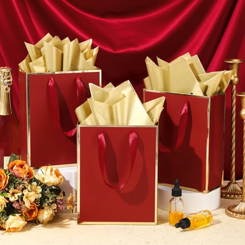 Image of Yeaqee 24 Pack Metallic Paper Gift Bags, Burgundy Red, Gold | with Satin Ribbon Handle and Tissue, 9x7x3.1 Inch, Suit Business, Birthday, Christmas, Thank You Return Gifts Bags