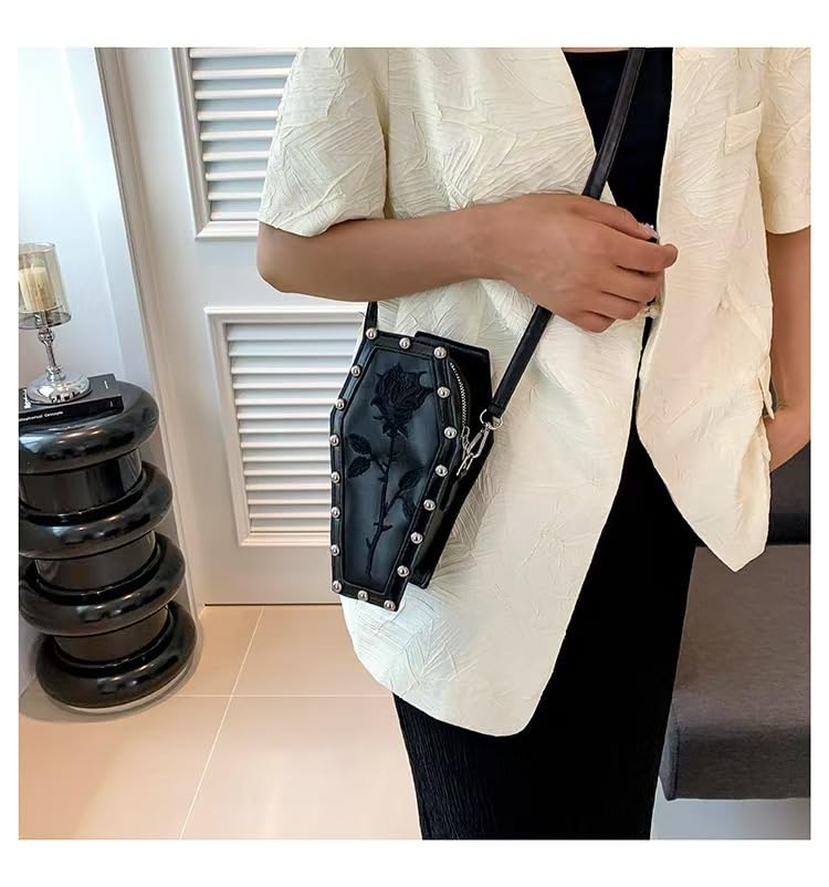 Womens Novelty Coffin Shape Shoulder Bag Halloween Vintage Gothic Embroidery Rose Crossbody Bag Alt Emo Small Purse (Black)3