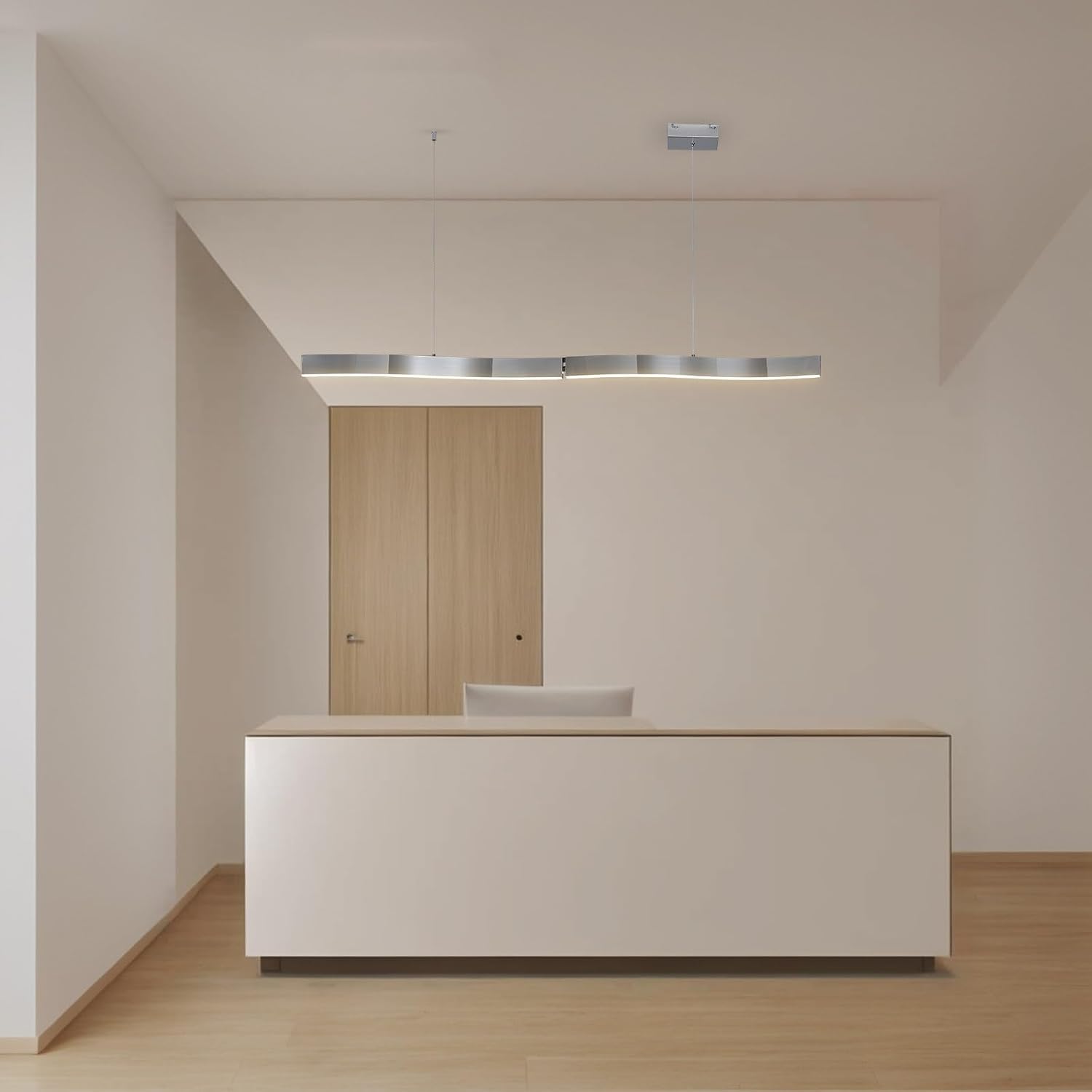 57'' Chrome Wavemetal Modern Long Linear LED Pendant Light - 40W Dimmable & Height-Adjustable for Kitchen Island, Bar & Restaurant