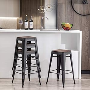 Alunaune 24" Metal Bar Stools Set of 4 Stackable Counter Height Barstools Backless Industrial Kitchen Bar Chairs with Wooden Seat-Matte Black Alunaune 24 Metal Bar Stools Set of 4 Stackable Counter Height Barstools Backless Industrial Kitchen Bar Chairs with Wooden Seat Matte Black