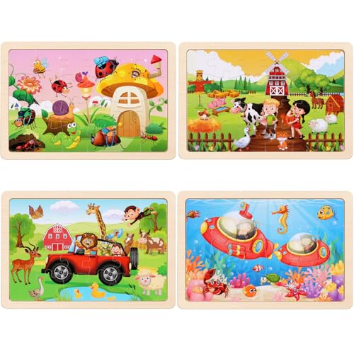 Wooden Animal Puzzle Set for Kids Ages 3-6 - 4 Packs of 20-Piece Educational Jigsaw Toys