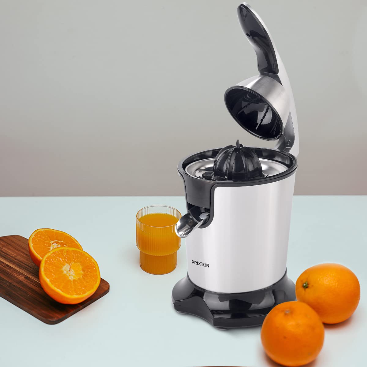PRIXTON Exprimidor Eléctrico Juicer BIO Potencia 300W Capacidad 270 ml, 2 Conos incluidos, Cuerpo y accesorios en Acero Inoxidable