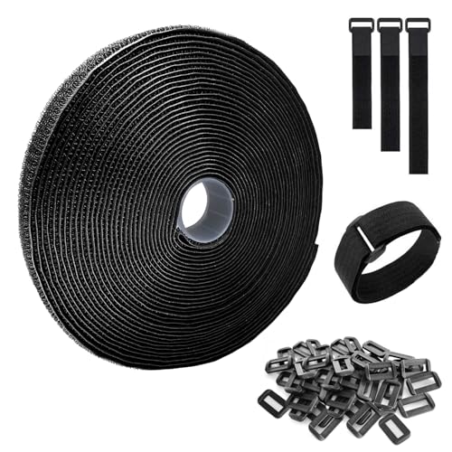 Fascette Fermacavi 10m x 2cm Nastro in con 50 fibbie Chiusura in Fascette regolabili, tagliabili a misura e riutilizzabili, per cavi, corde, fili, tubi Fascette in extra resistenti Nero
