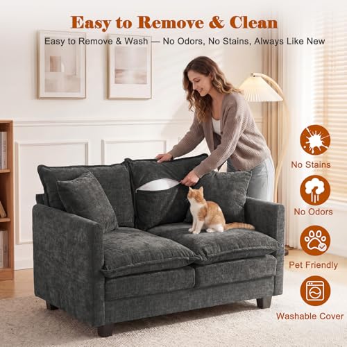 Image of 50'' Loveseat Sofa Cloud Sofa Couch, Modern Loveseats 2 Seat Couch 27 inch Deep Seat with 2 Pillows for Small Spaces Apartment Studio Office Bedroom Living Room, Grey