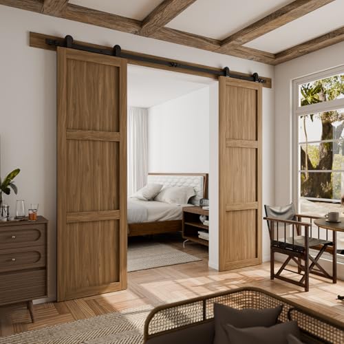 Image of CCJH 8FT Sliding Barn Door Hardware Kit, Heavy Duty, Smoothly and Silently, Easy to Install, Fit 24 inch Width Double Door Panel, T-Shaped Style Black