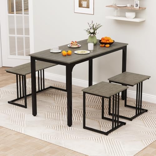 Dining Table Set for 4, Rectangular Dinner Table with 2 Stools & ...