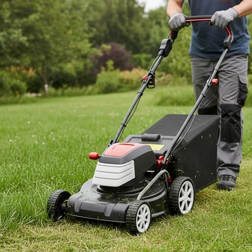 Image of Kraft Seeds 1600W Electric Lawn Mower with 16 Inch Blade (Steel Body) | Grass Cutting Machine with 50L Grass Catcher Box & Adjustable Height (7-Settings, 25mm to 80mm) for Garden, Yard, and Farm (Red)
