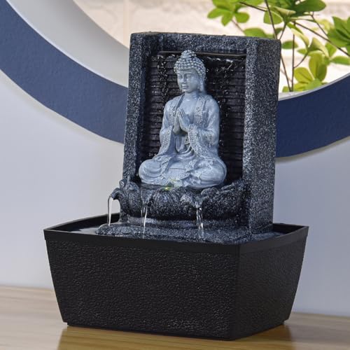 Zen'Light - Zimmerbrunnen Nirvana - Wasserfall mit Buddha & Weißer LED-Beleuchtung - Moderne Zen Deko, Ideal für Meditation & Entspannung - Feng Shui - H 26cm, Grau
